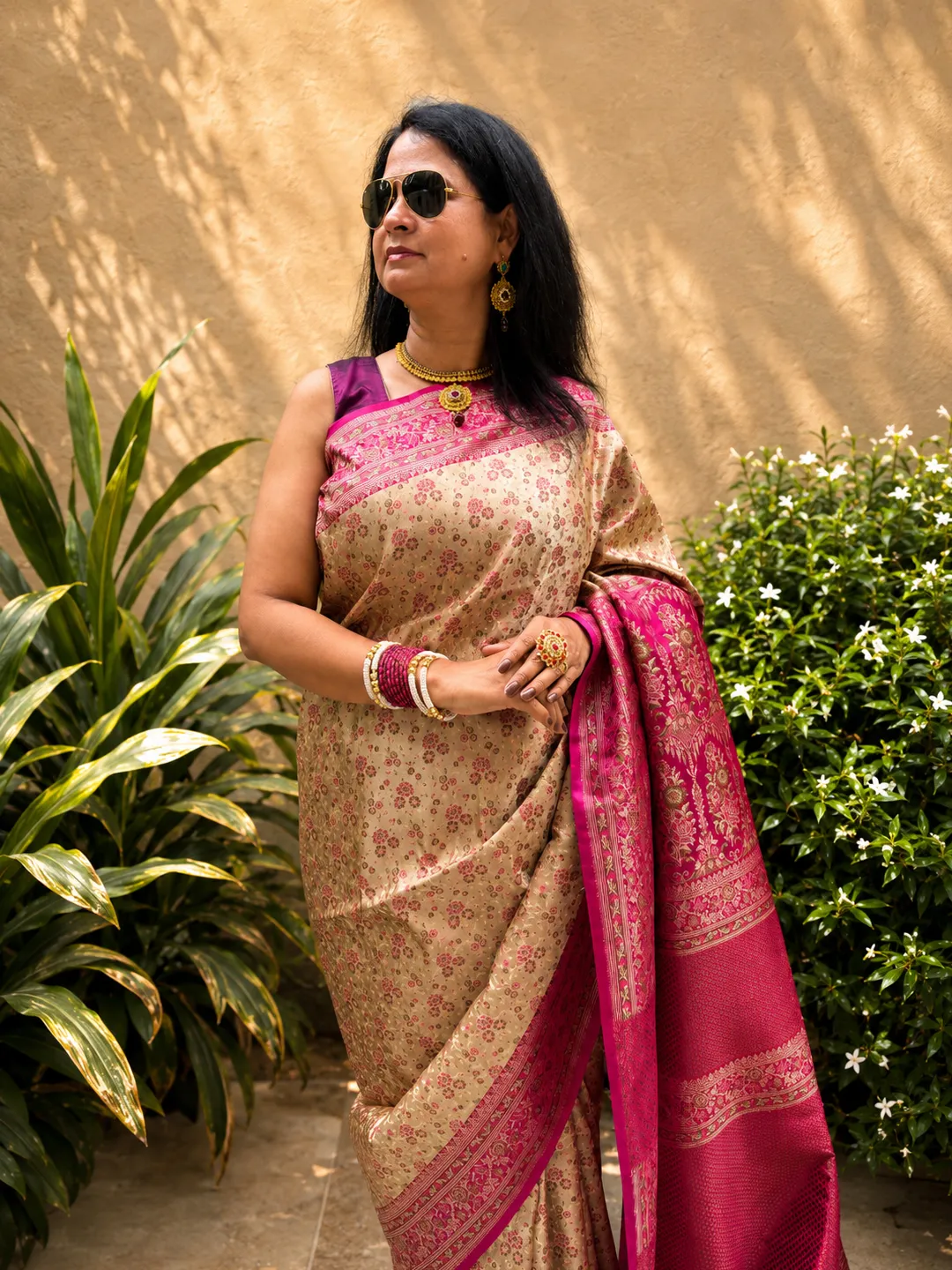  Beige Banarasi Tanchoi Silk Saree In Beige Gold With Magenta Pink Woven Border & Pallu Front view