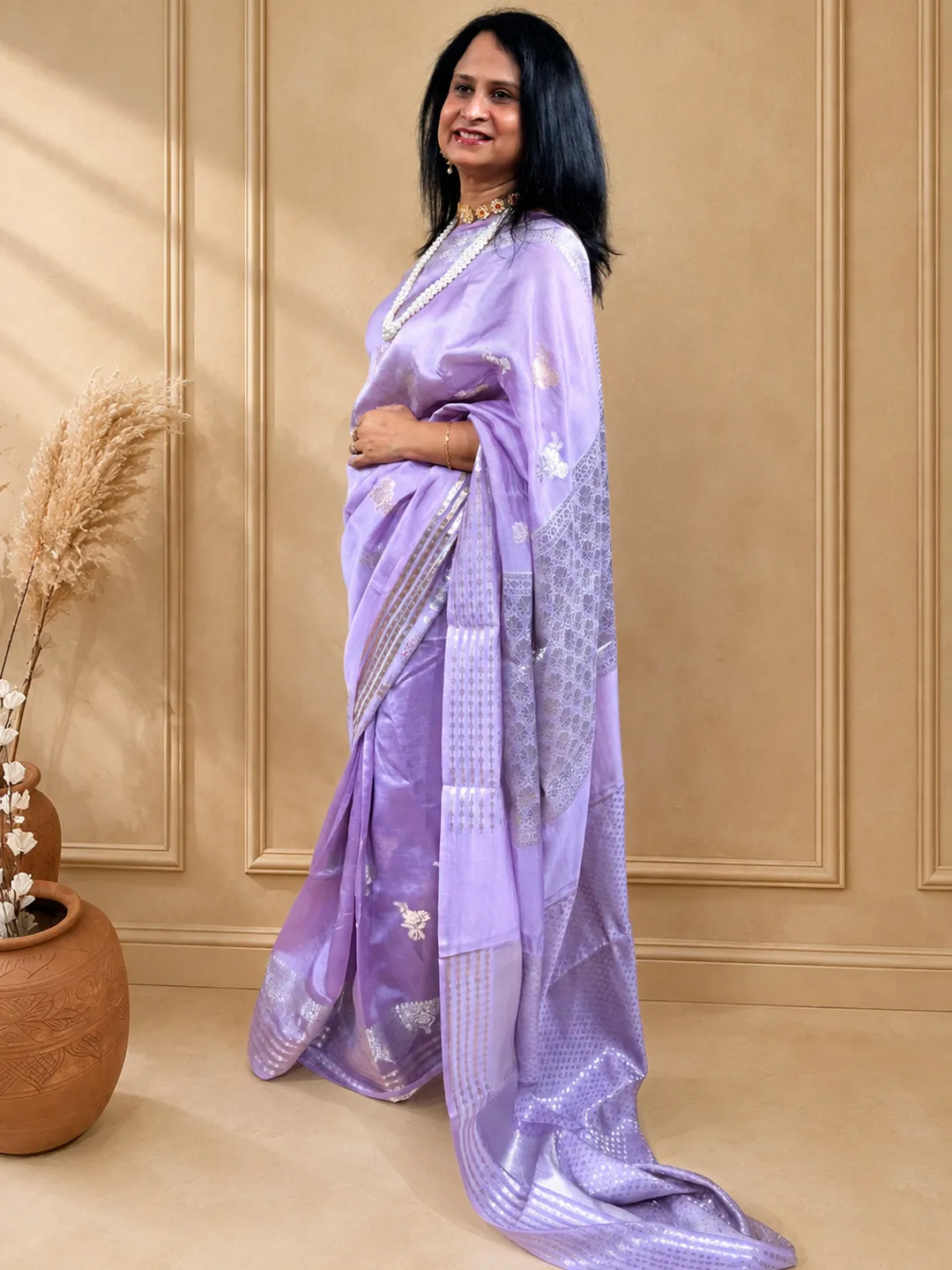 Lavender Banarasi Mango Silk Saree In Lavender Lilac With Silver Zari Weaving front view
