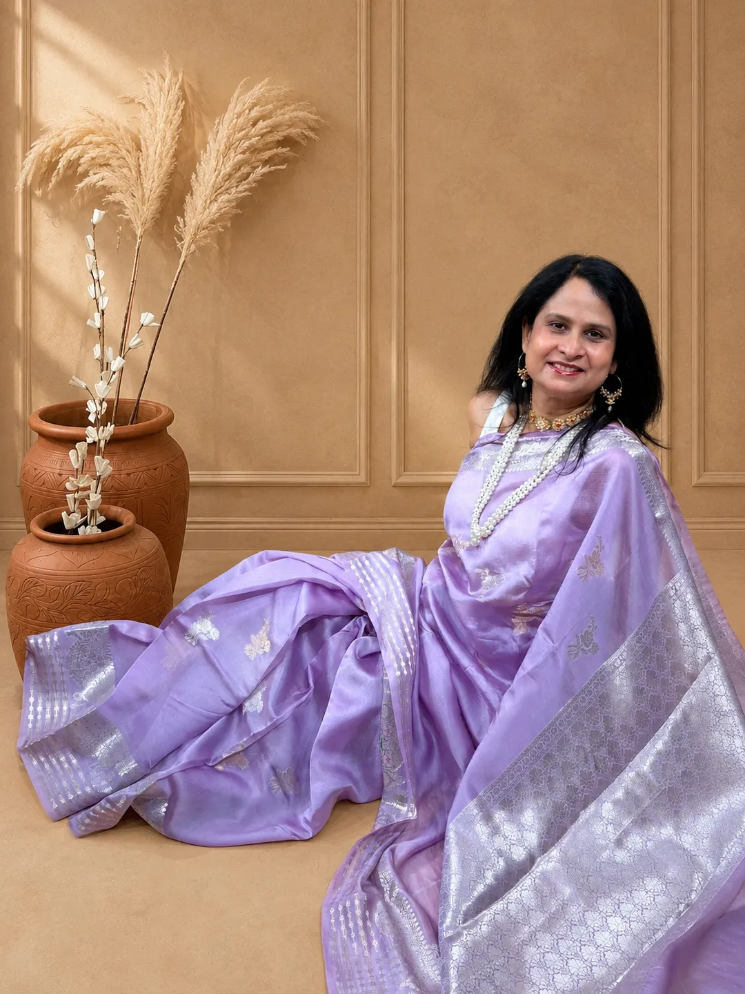 Lavender Banarasi Mango Silk Saree In Lavender Lilac With Silver Zari Weaving front view
