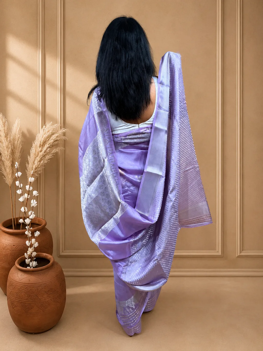 Lavender Banarasi Mango Silk Saree In Lavender Lilac With Silver Zari Weaving front view