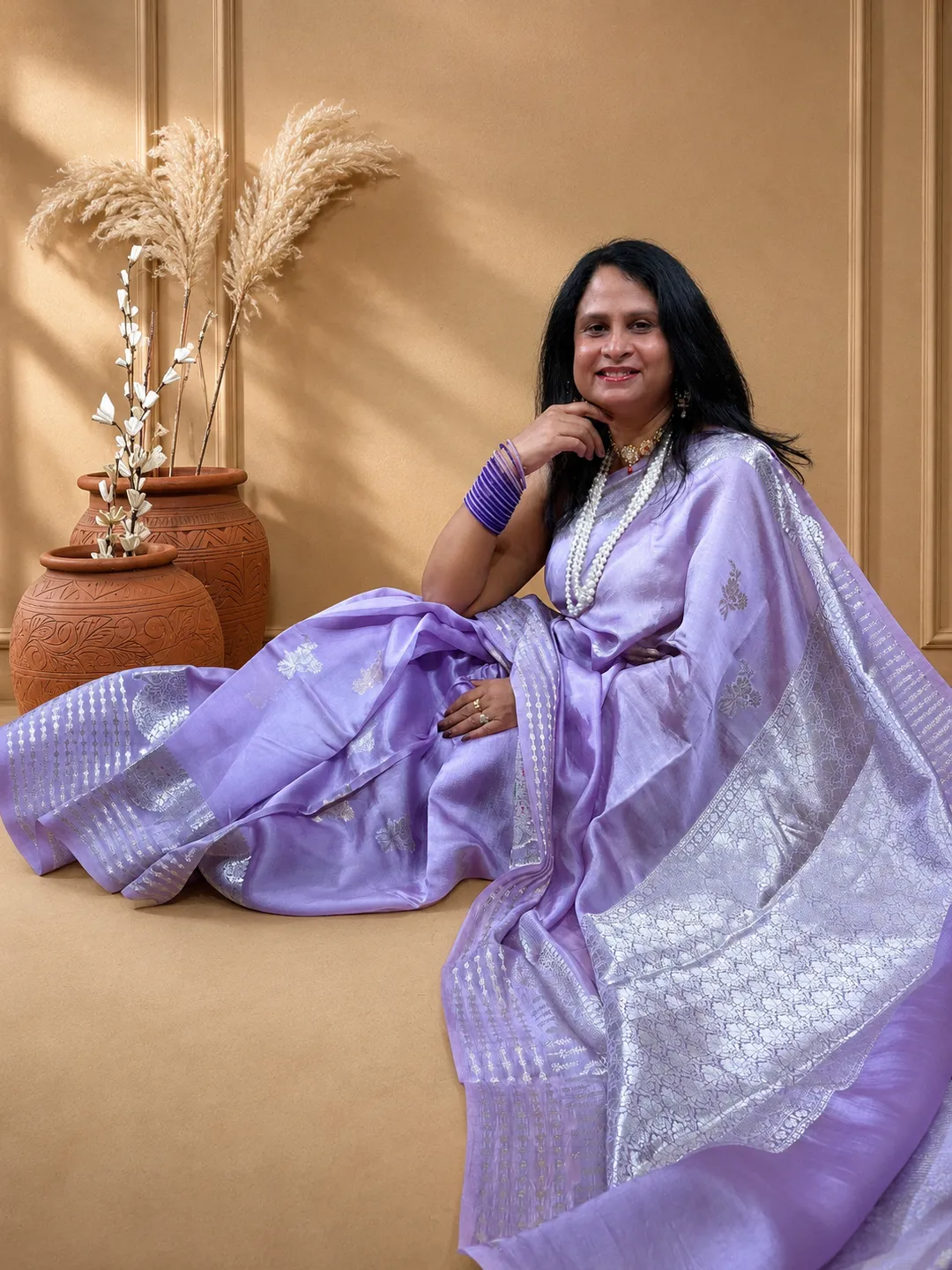 Lavender Banarasi Mango Silk Saree In Lavender Lilac With Silver Zari Weaving front view