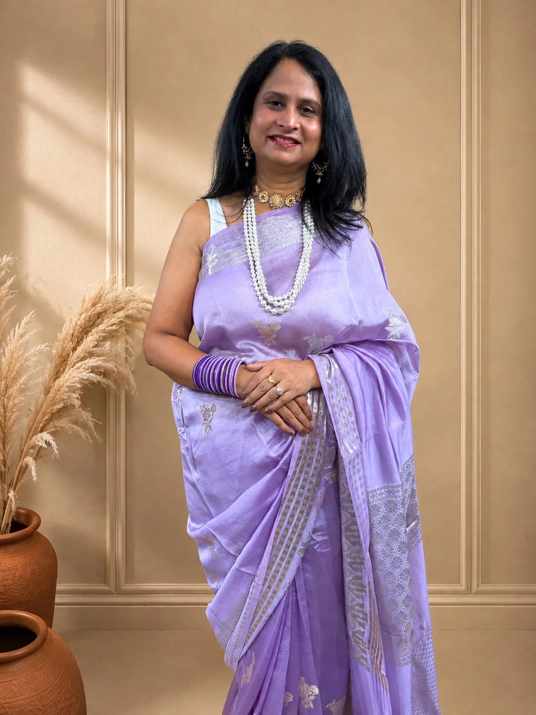 Lavender Banarasi Mango Silk Saree In Lavender Lilac With Silver Zari Weaving front view