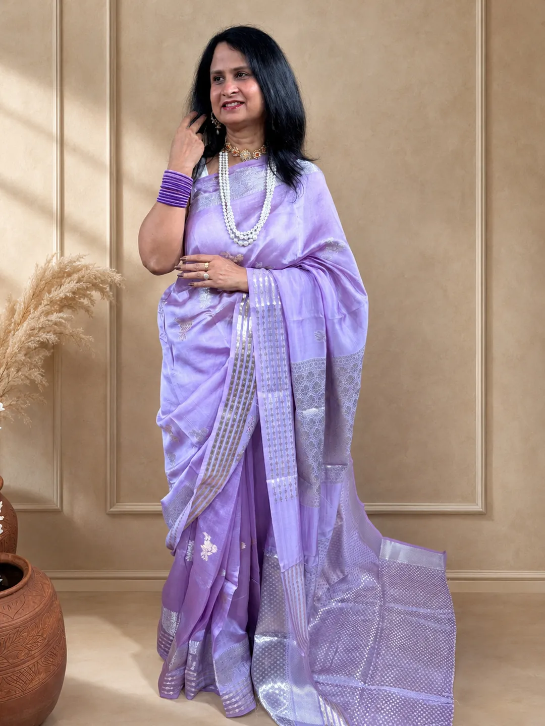 Lavender Banarasi Mango Silk Saree In Lavender Lilac With Silver Zari Weaving front view