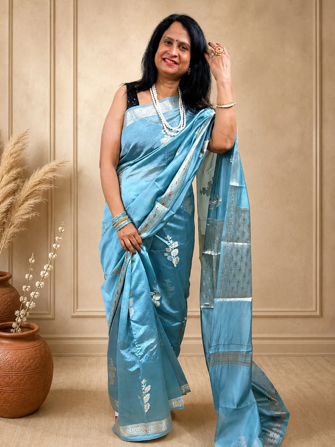 Blue Banarasi Mango Silk Saree In Mauve Purple With Silver Zari & Meenakari Motifs front view