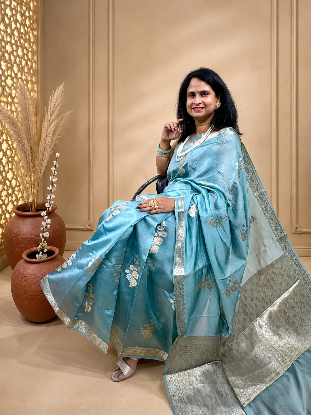 Blue Banarasi Mango Silk Saree In Mauve Purple With Silver Zari & Meenakari Motifs front view