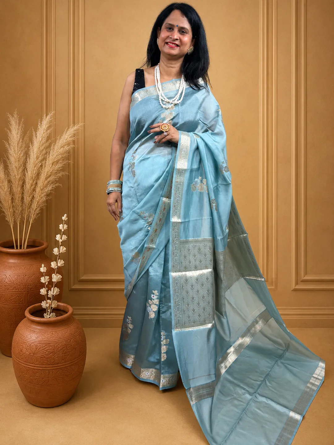 Blue Banarasi Mango Silk Saree In Mauve Purple With Silver Zari & Meenakari Motifs front view