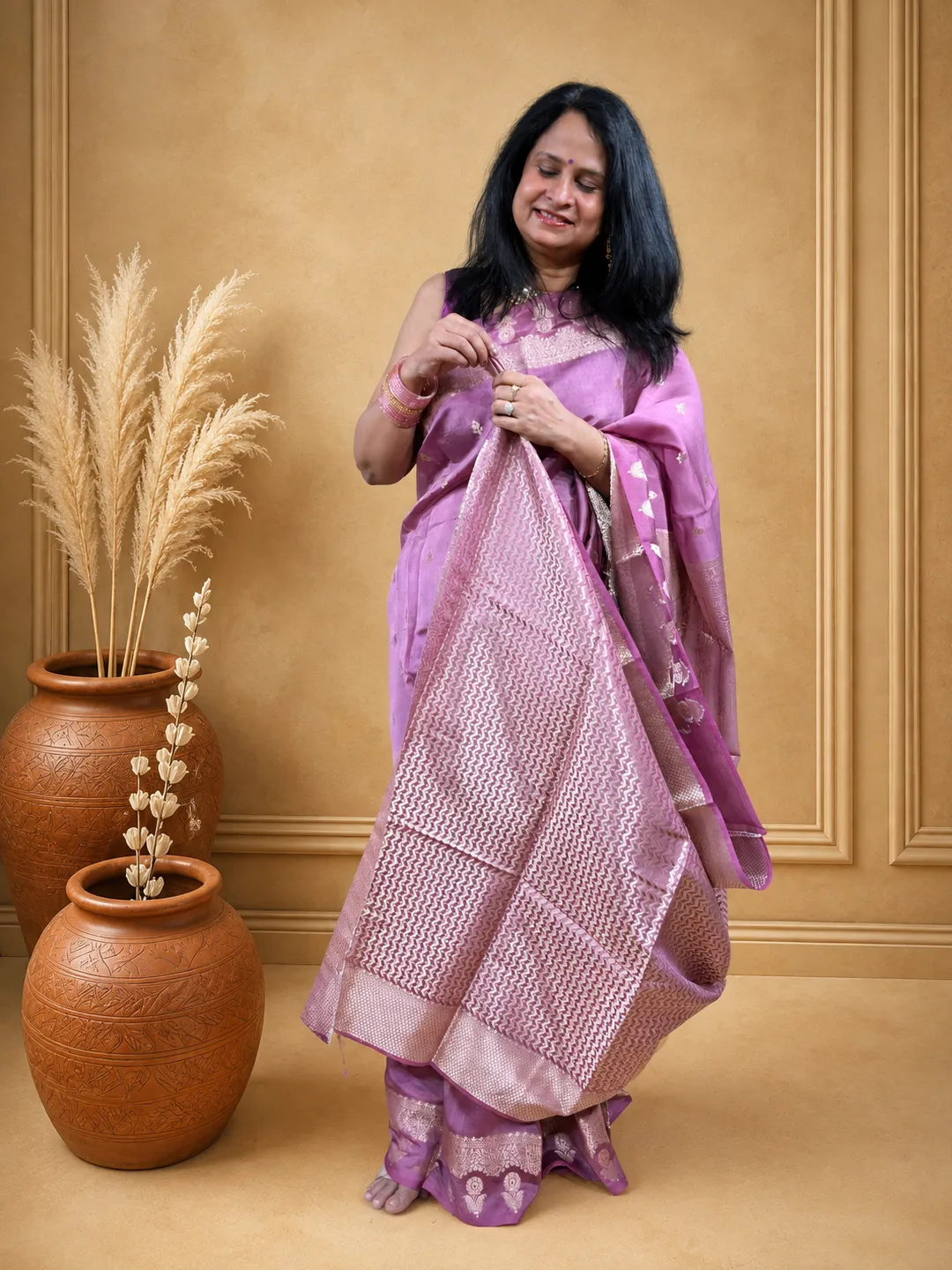  Purple Banarasi Mango Silk Saree In Mauve Purple With Silver Zari And Meenakari Motifs Front view
