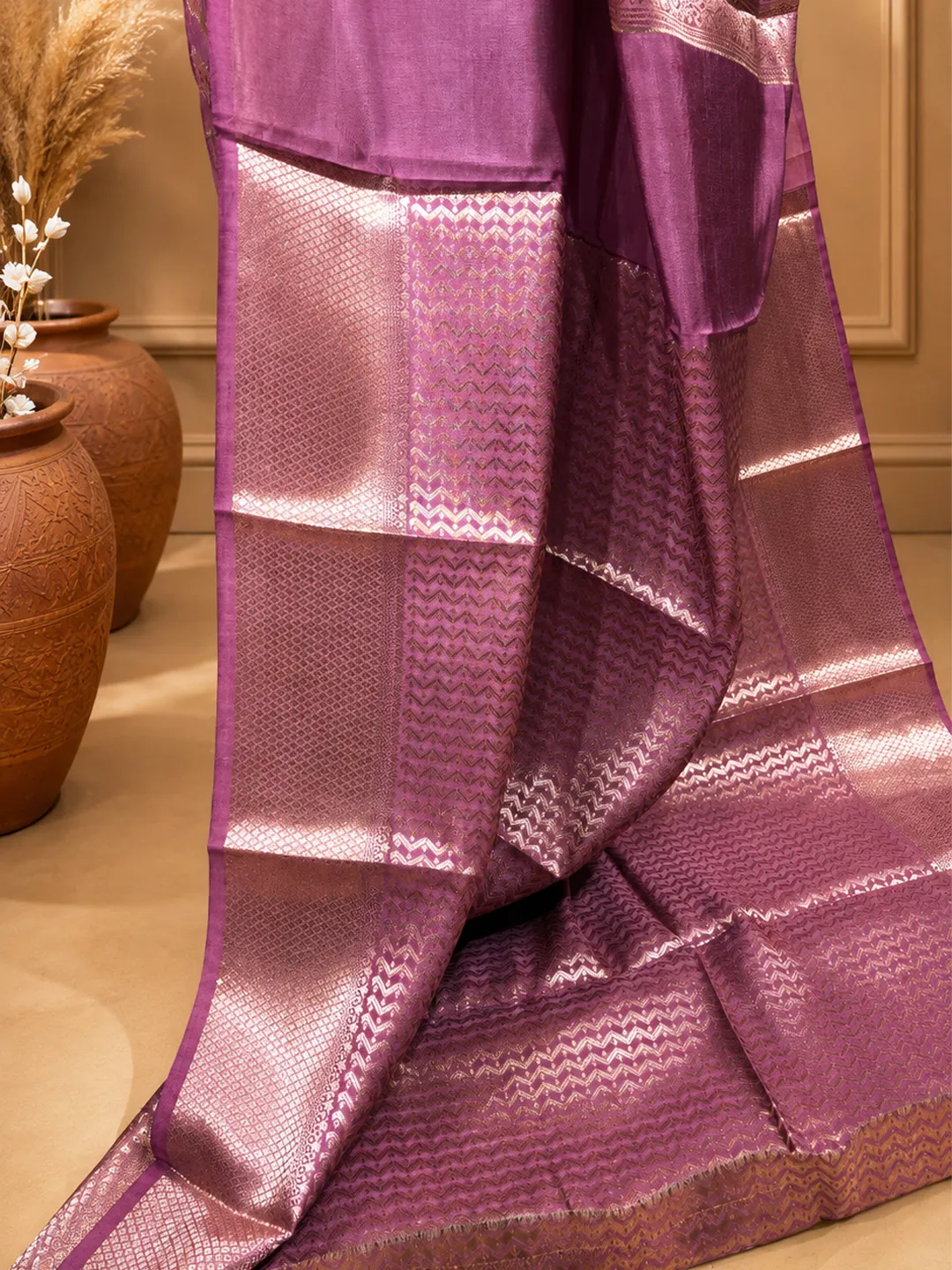  Purple Banarasi Mango Silk Saree In Mauve Purple With Silver Zari And Meenakari Motifs Front view