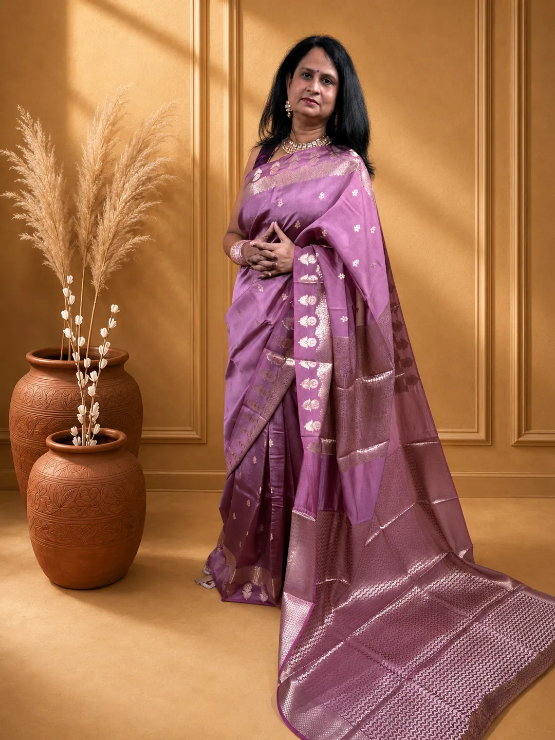  Purple Banarasi Mango Silk Saree In Mauve Purple With Silver Zari And Meenakari Motifs Front view