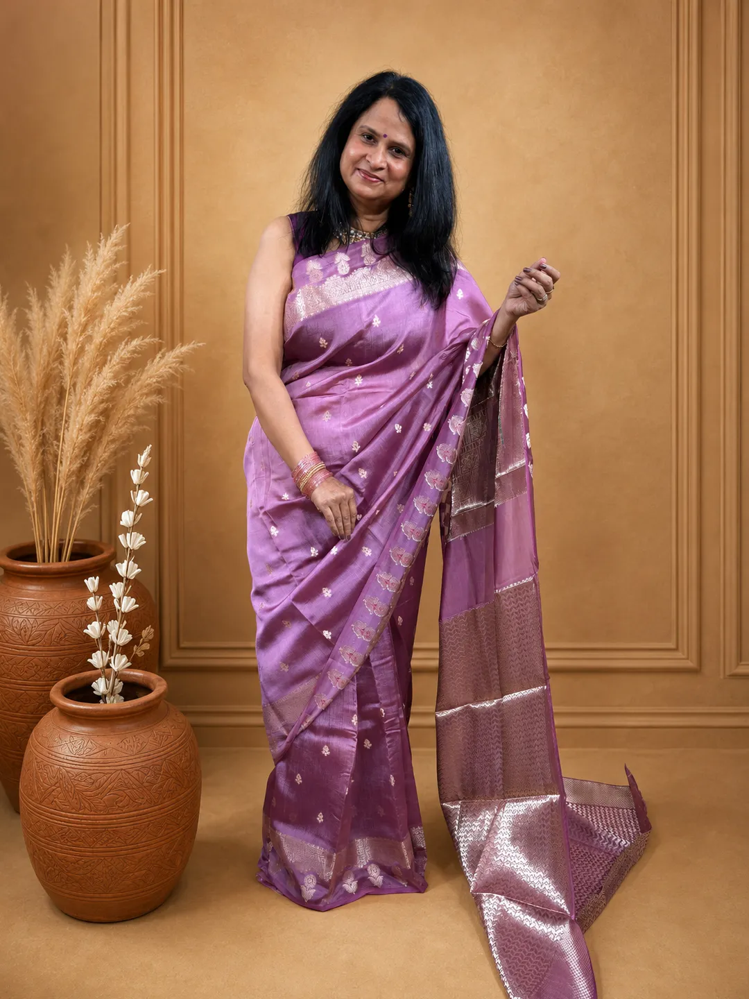  Purple Banarasi Mango Silk Saree In Mauve Purple With Silver Zari And Meenakari Motifs Front view
