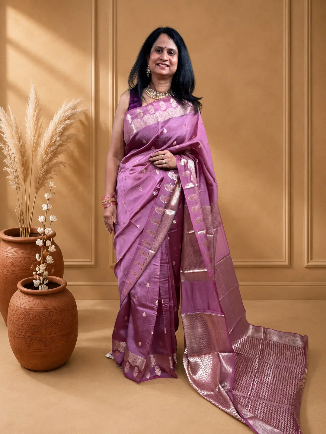Purple Banarasi Mango Silk Saree In Mauve Purple With Silver Zari And Meenakari Motifs