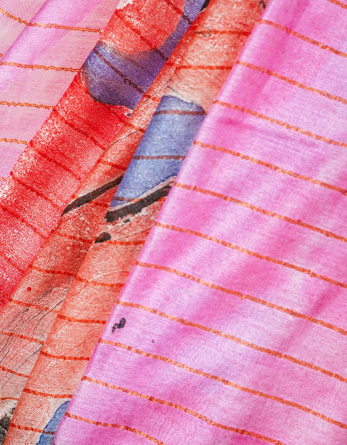 Pink And Multicolour Striped Cotton Slub Marble Print Saree - View 4