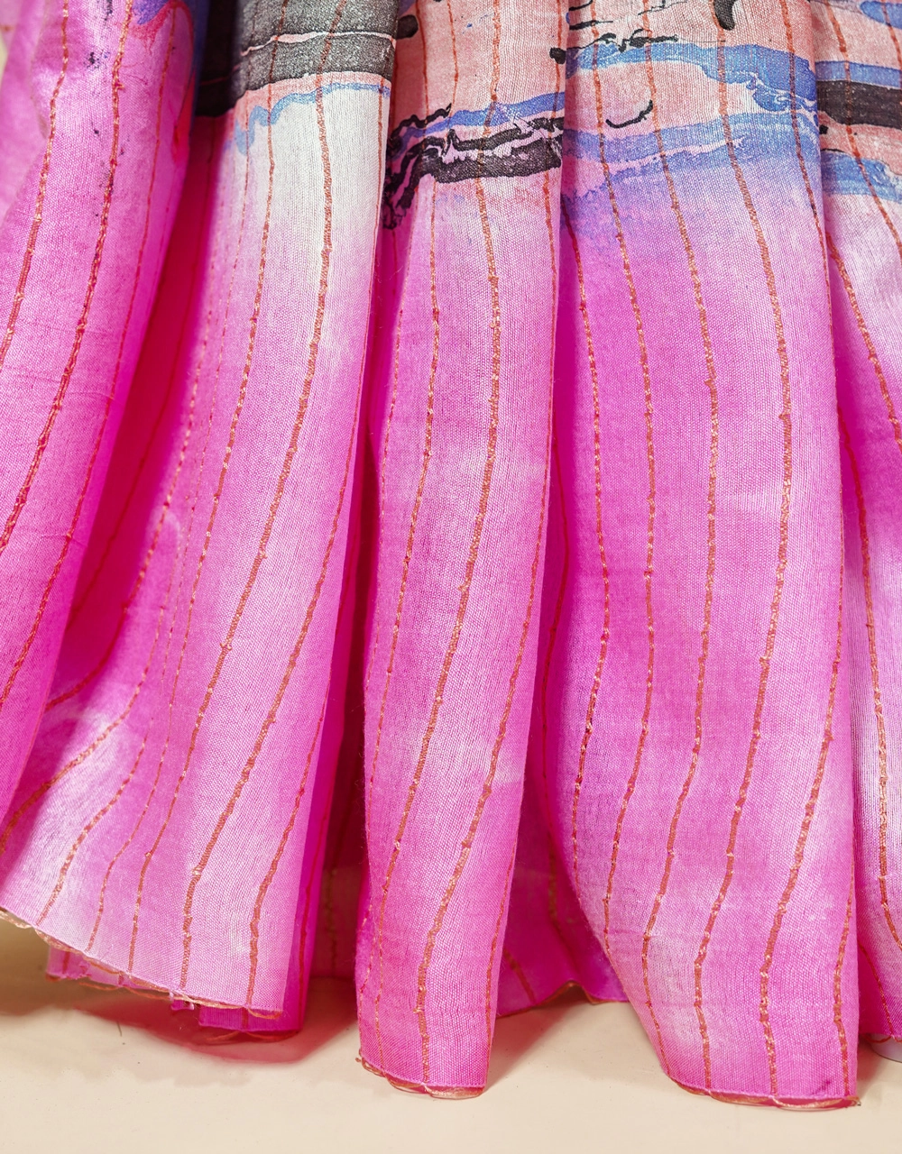 Pink And Multicolour Striped Cotton Slub Marble Print Saree - View 5