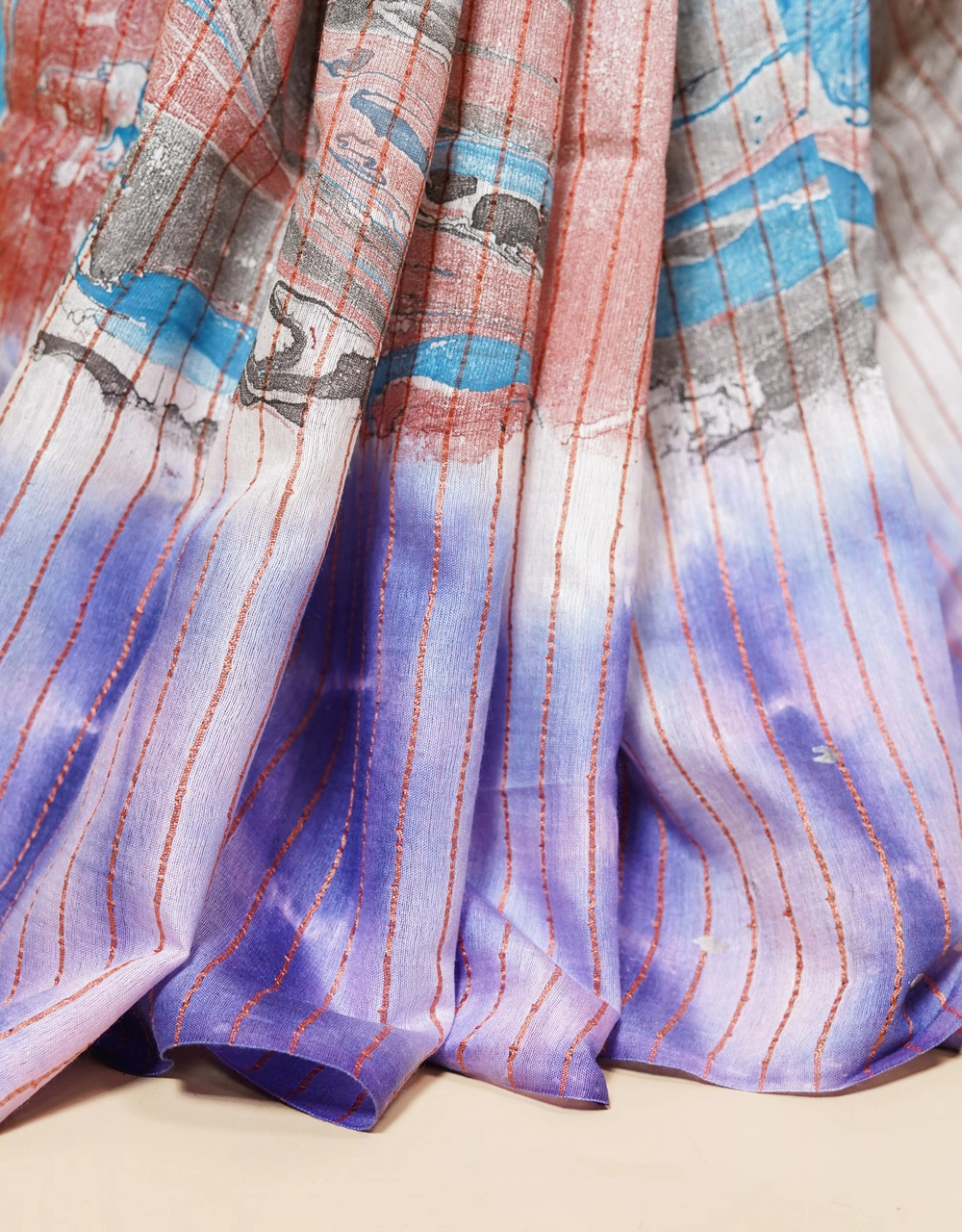 Blue Zari Striped Cotton Slub Marble Print Saree - View 5