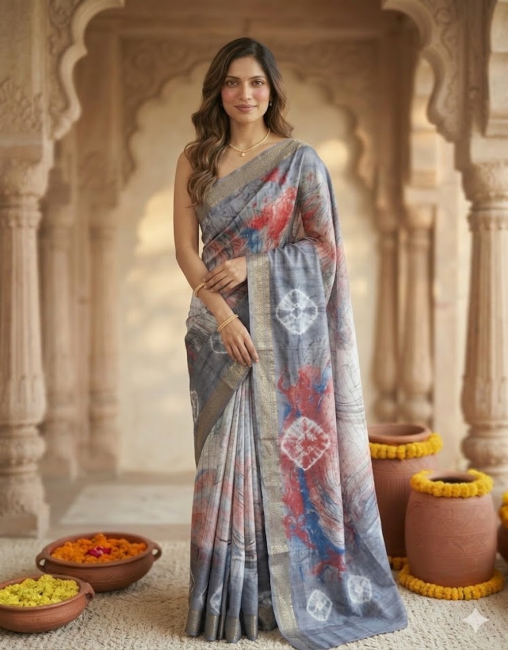 Hovered view of Grey And Pastel Multicolour Cotton Slub Marble Print Saree With Zari Border