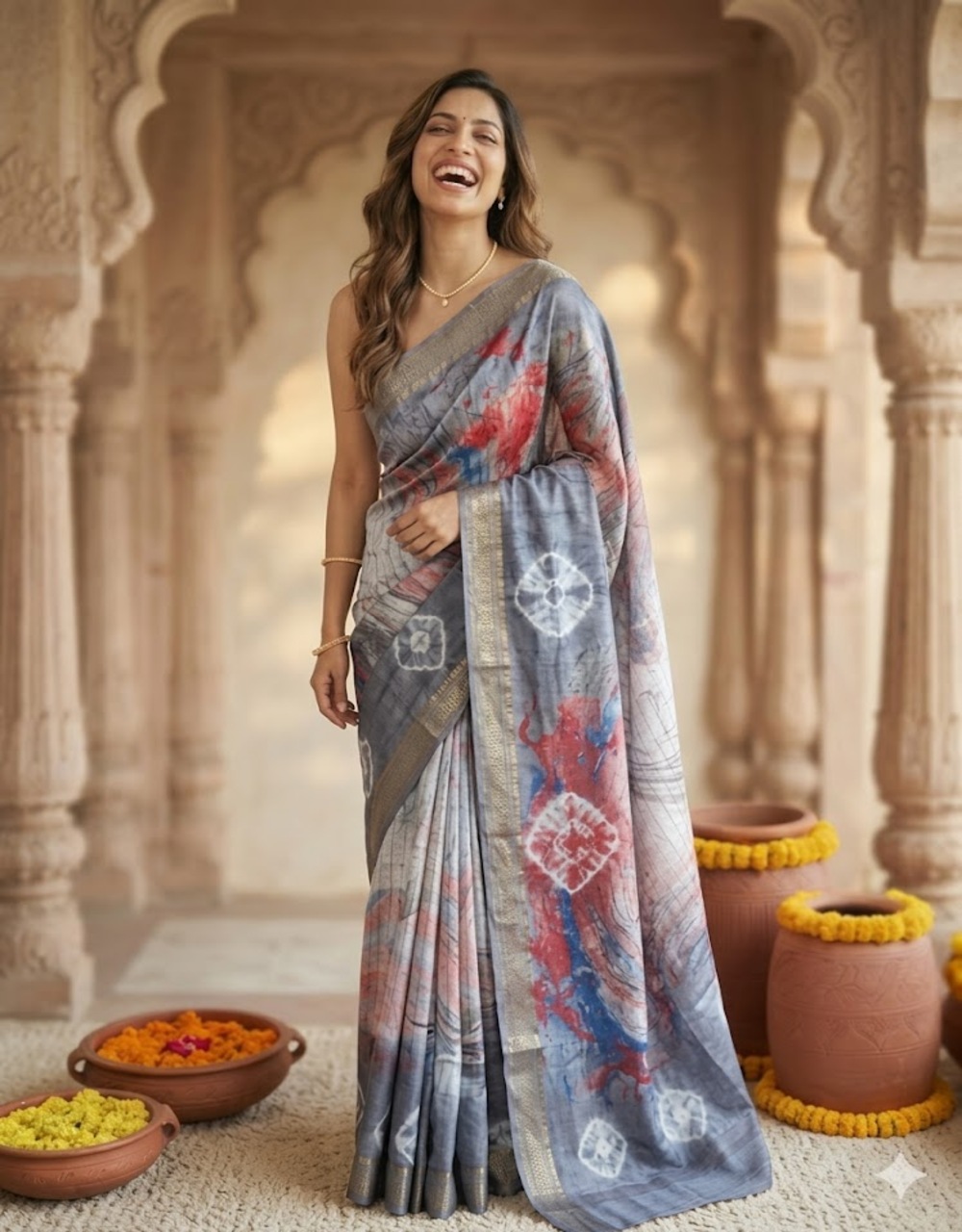 Grey And Pastel Multicolour Cotton Slub Marble Print Saree With Zari Border