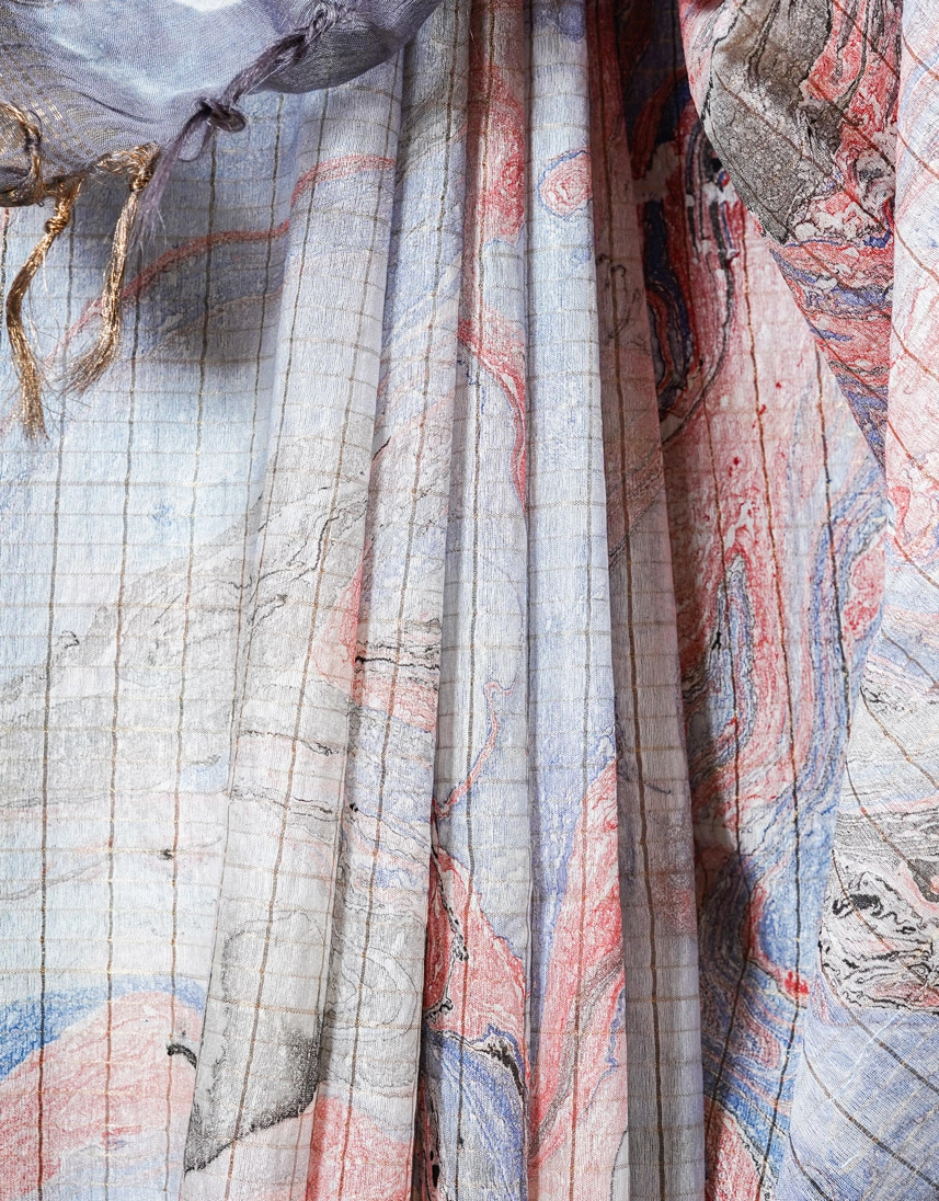 Grey And Pastel Multicolour Cotton Slub Marble Print Saree With Zari Border - View 4