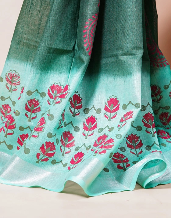 Green Seafoam And Olive Hand Block Printed Khadi Cotton Saree - View 5