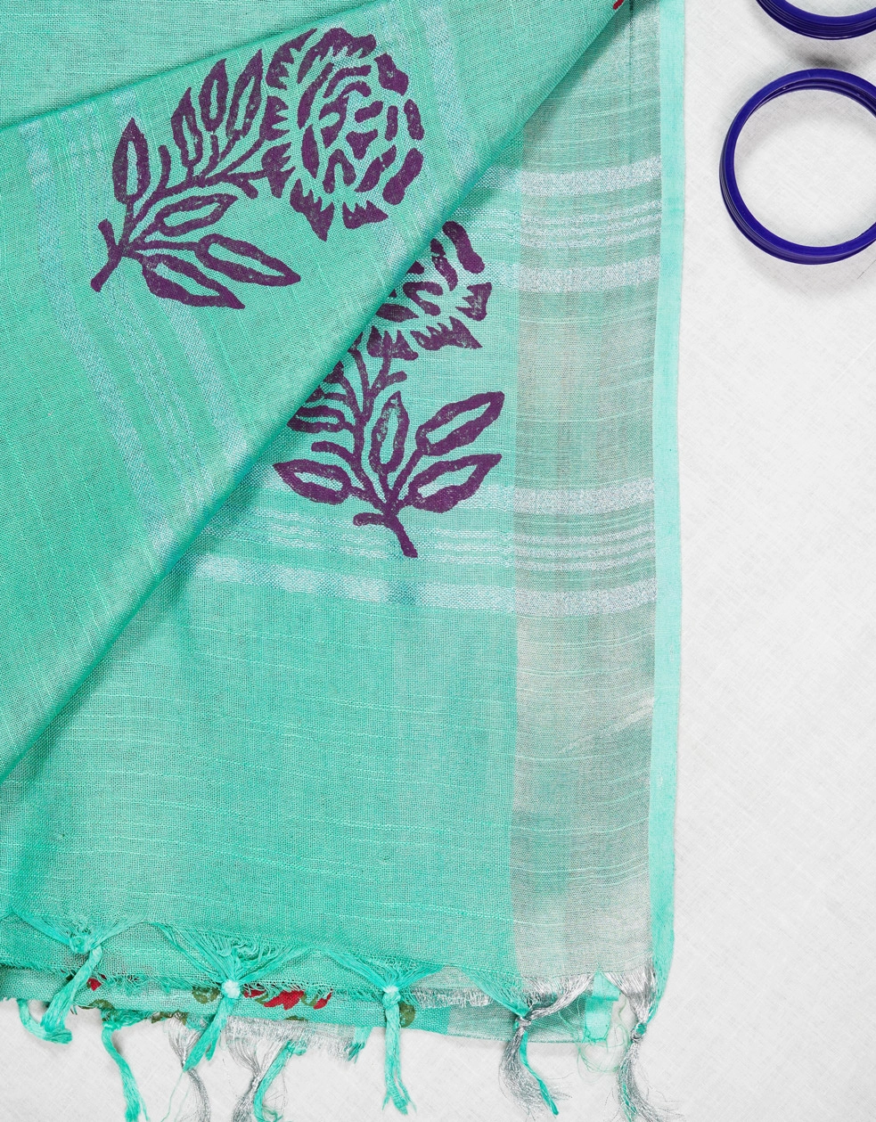Green Seafoam And Olive Hand Block Printed Khadi Cotton Saree - View 3