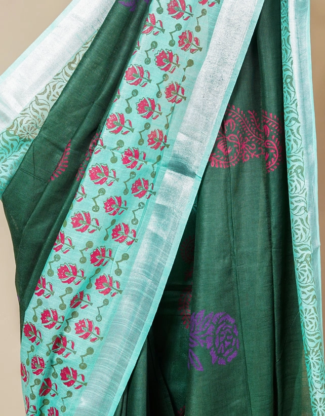 Green Seafoam And Olive Hand Block Printed Khadi Cotton Saree - View 4