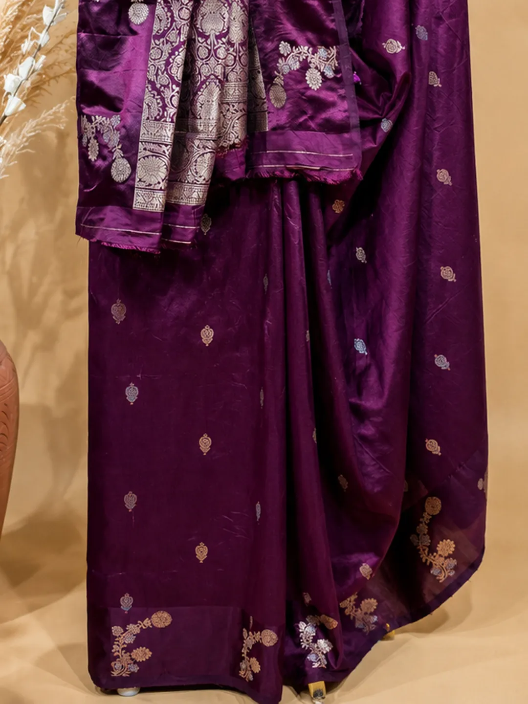 Purple Banarasi Soft Silk Saree Wine With Floral Zari front view