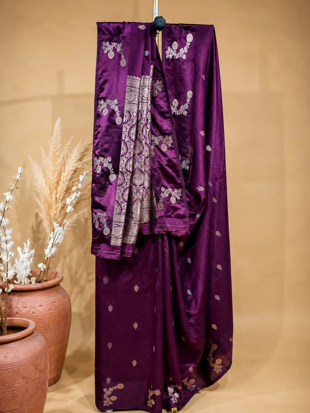 Purple Banarasi Soft Silk Saree Wine With Floral Zari front view