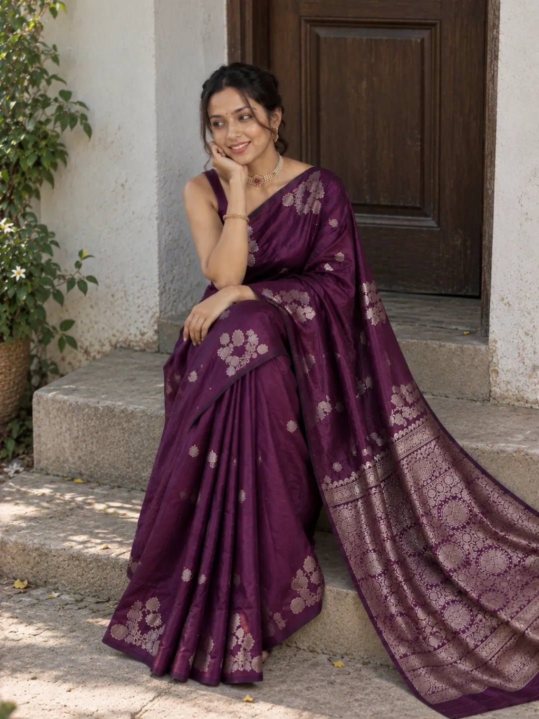 Purple Banarasi Soft Silk Saree Wine With Floral Zari front view