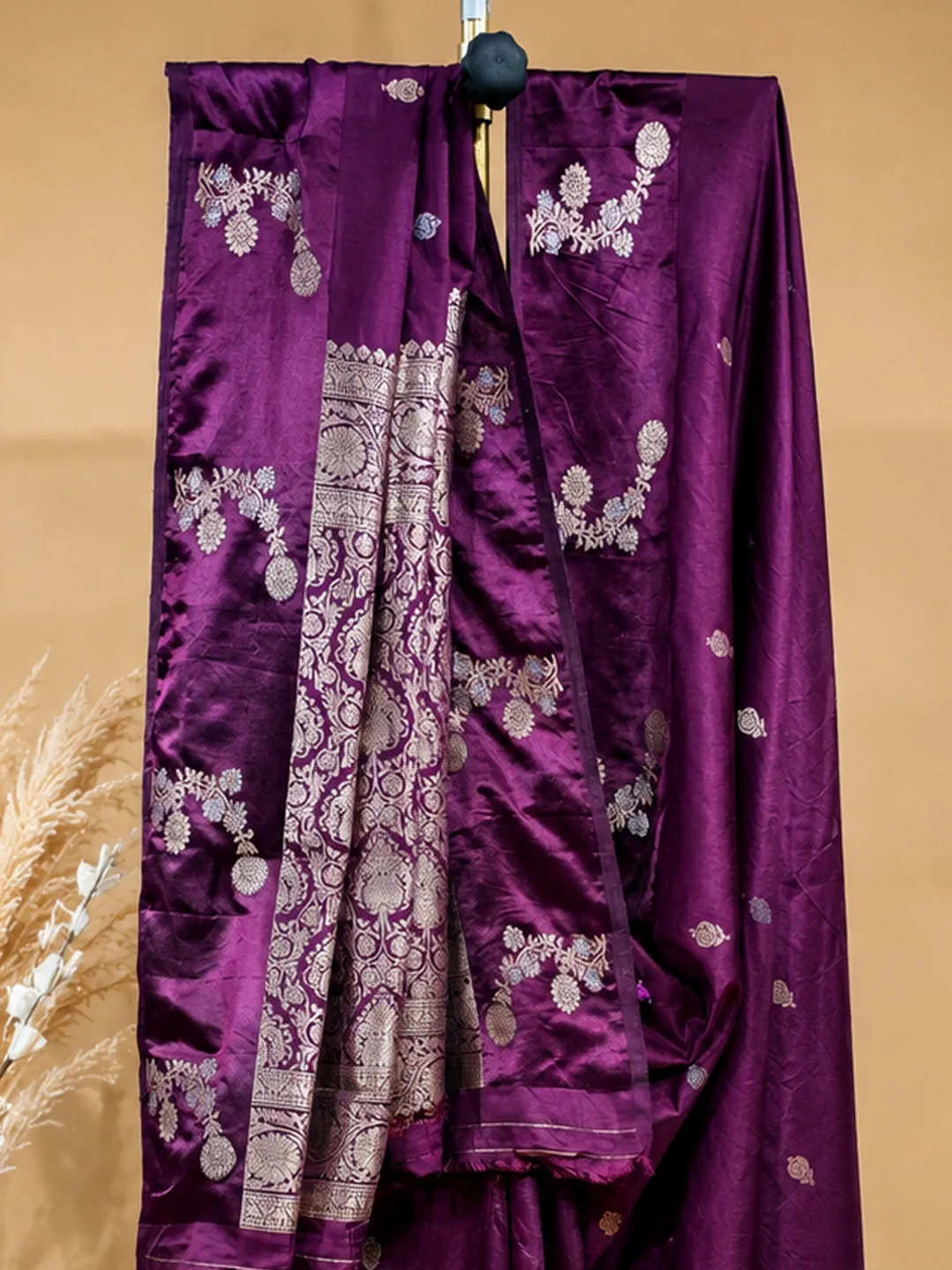 Purple Banarasi Soft Silk Saree Wine With Floral Zari front view