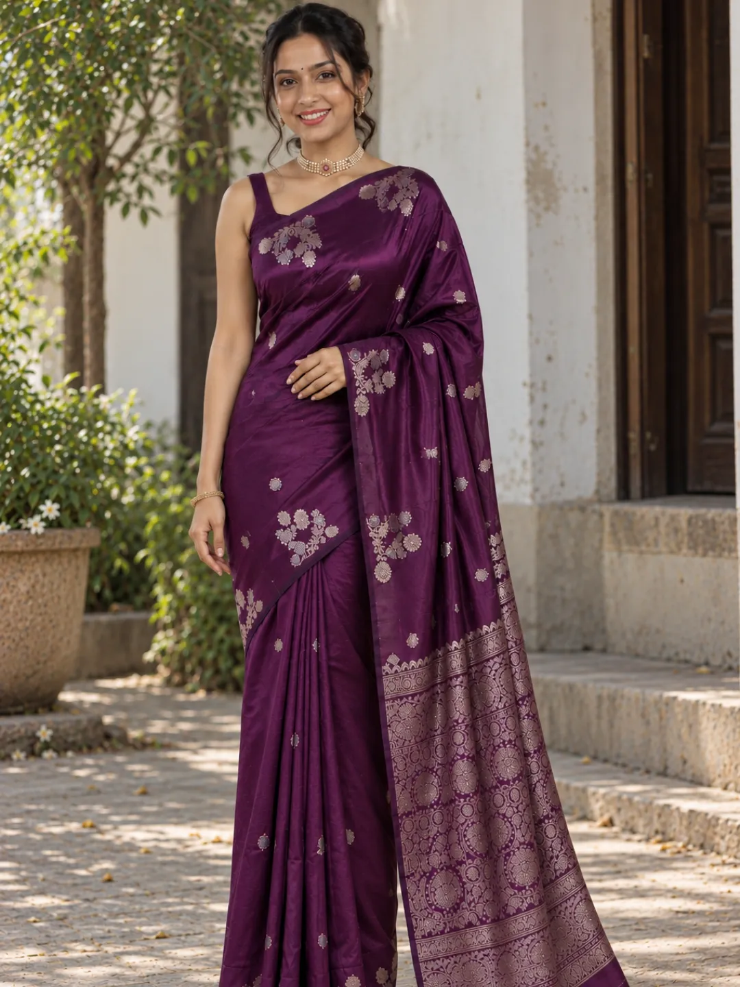 Purple Banarasi Soft Silk Saree Wine With Floral Zari