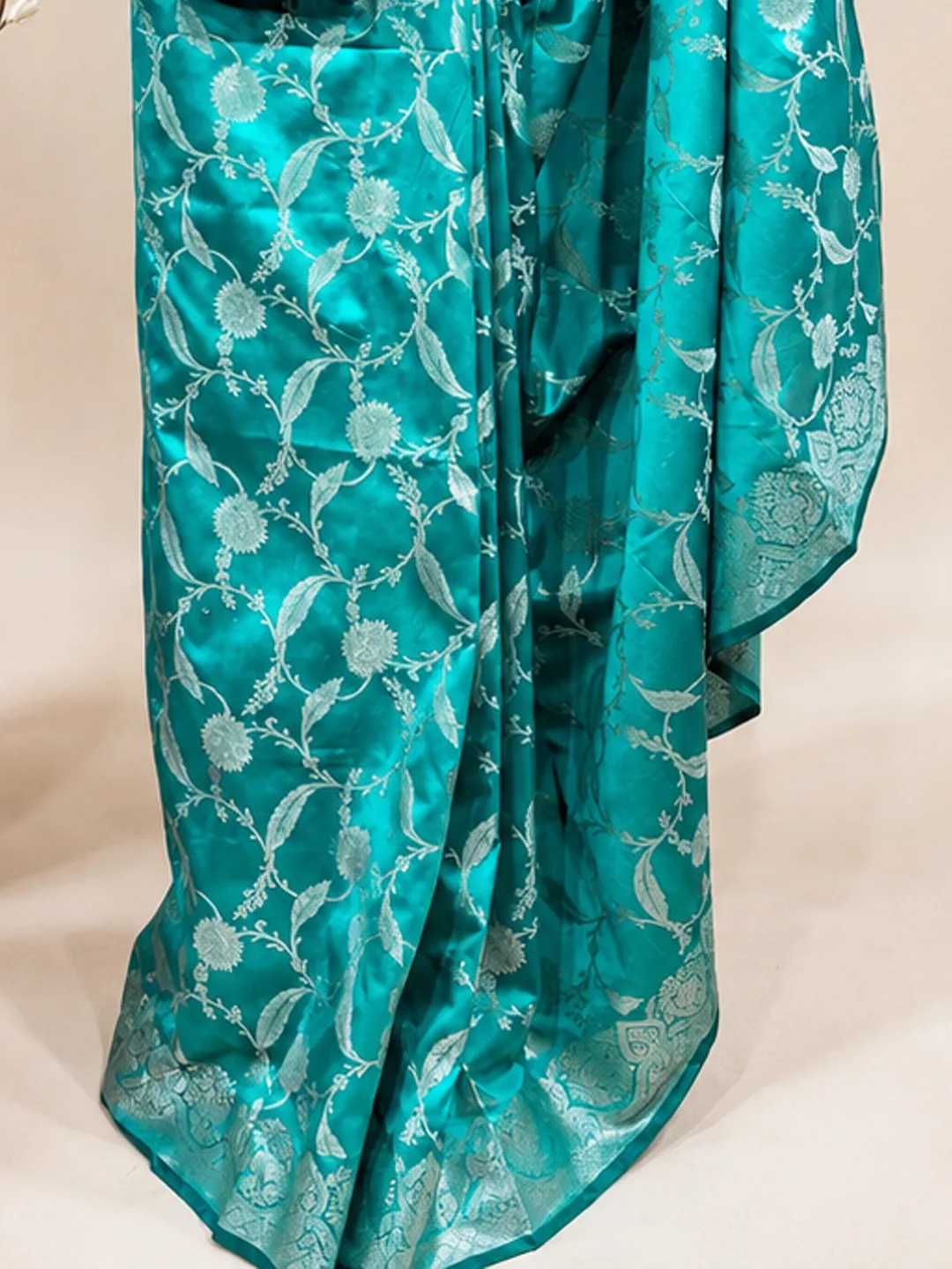 Blue Banarasi Soft Silk Saree Turquoise Blue With Floral Zari front view
