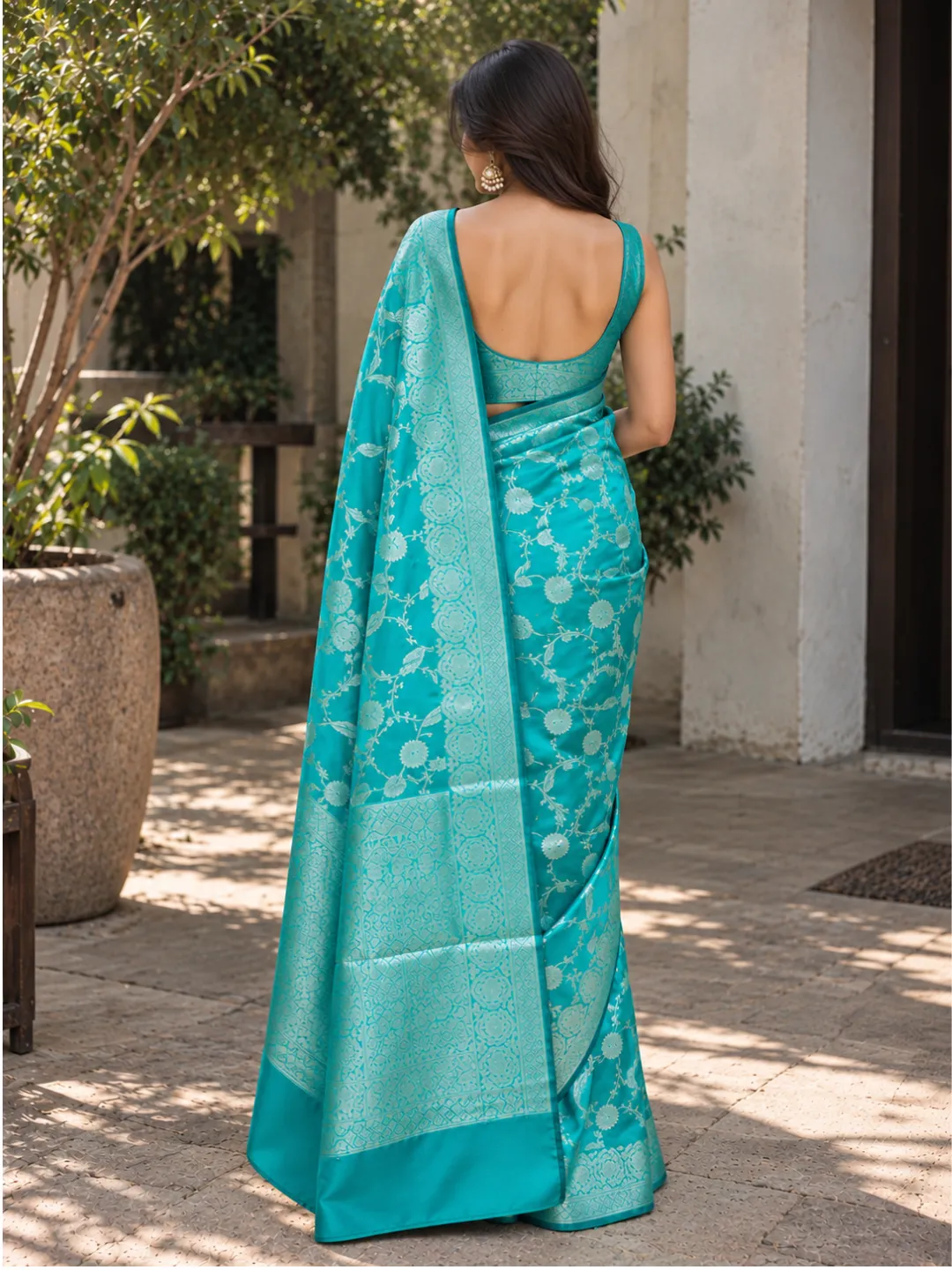 Blue Banarasi Soft Silk Saree Turquoise Blue With Floral Zari front view