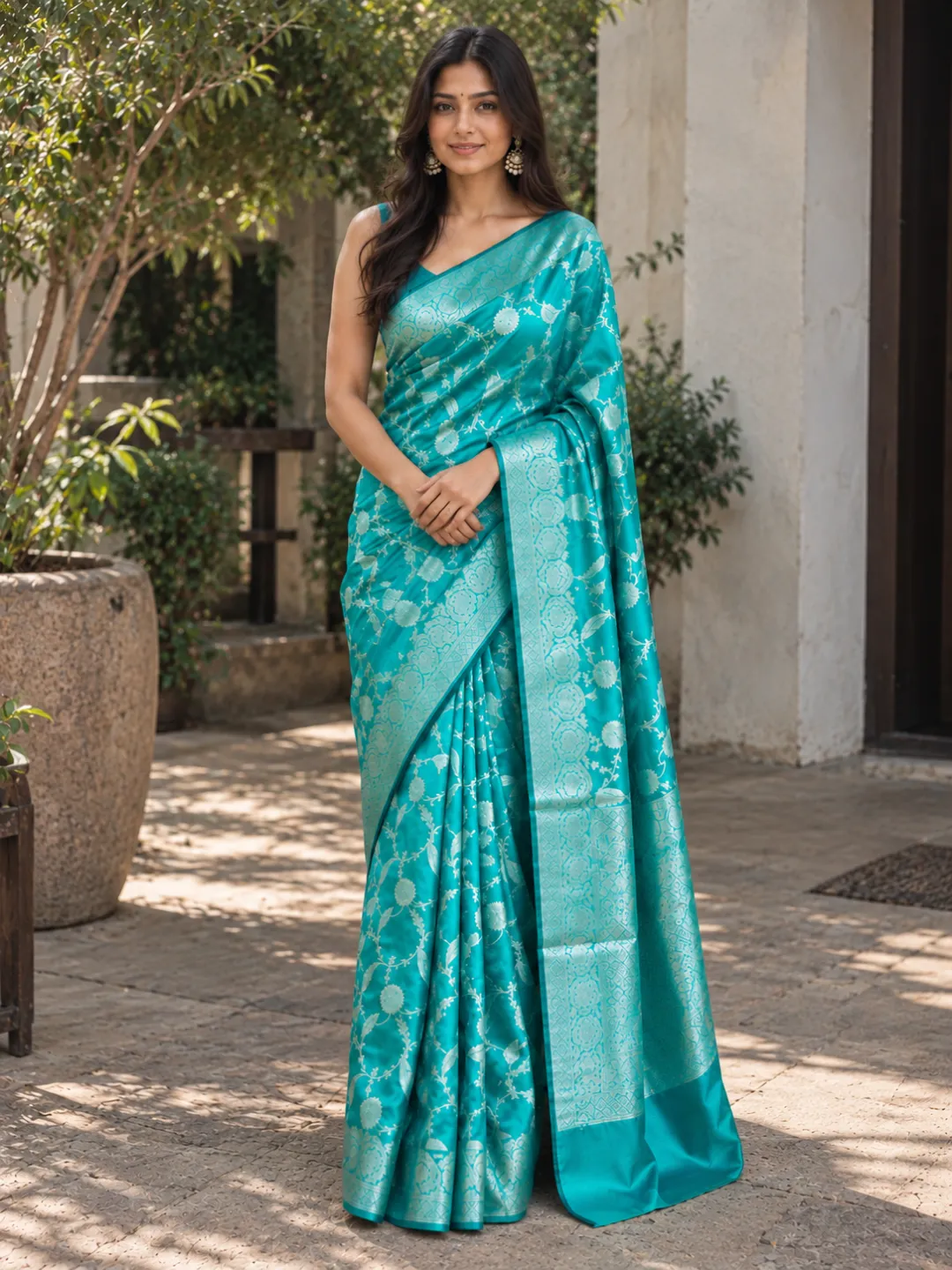 Blue Banarasi Soft Silk Saree Turquoise Blue With Floral Zari