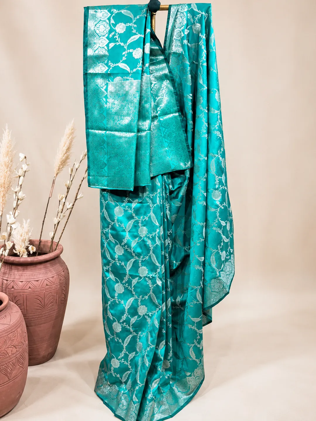 Blue Banarasi Soft Silk Saree Turquoise Blue With Floral Zari front view