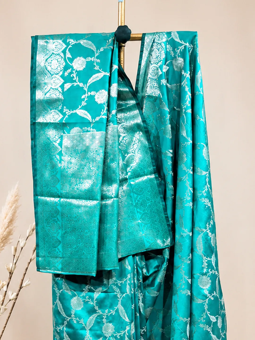 Blue Banarasi Soft Silk Saree Turquoise Blue With Floral Zari front view