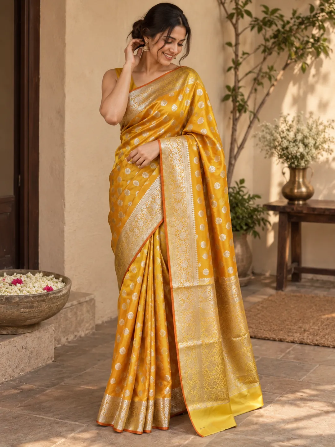 Yellow Banarasi Soft Silk Saree Mustard Yellow With Floral Buti Zari
