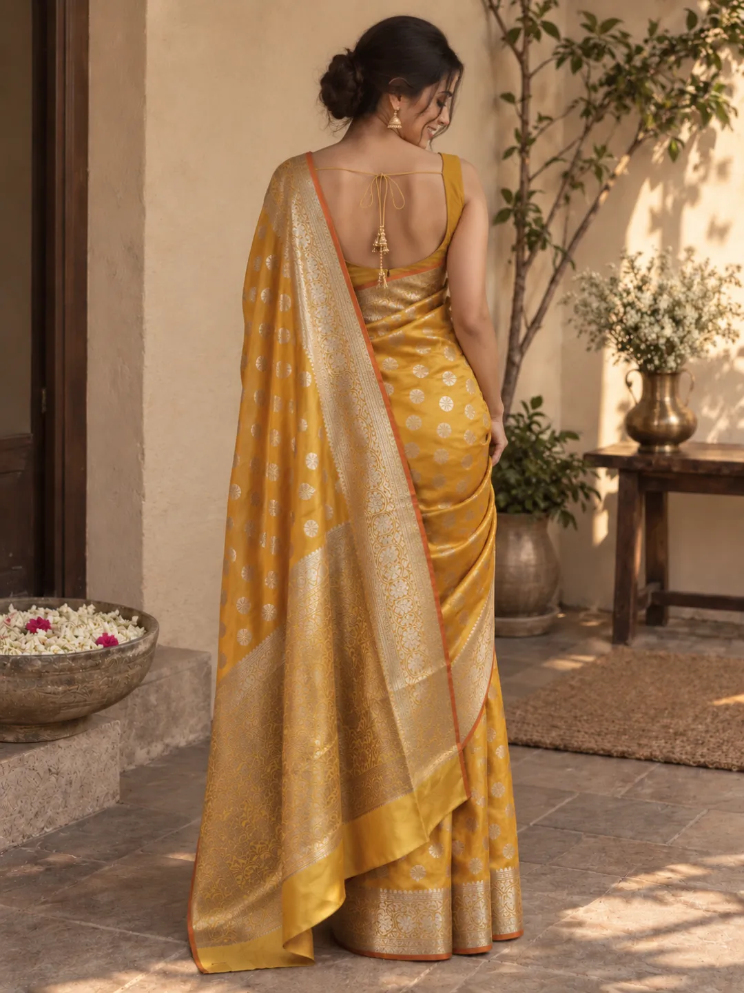Yellow Banarasi Soft Silk Saree Mustard Yellow With Floral Buti Zari front view
