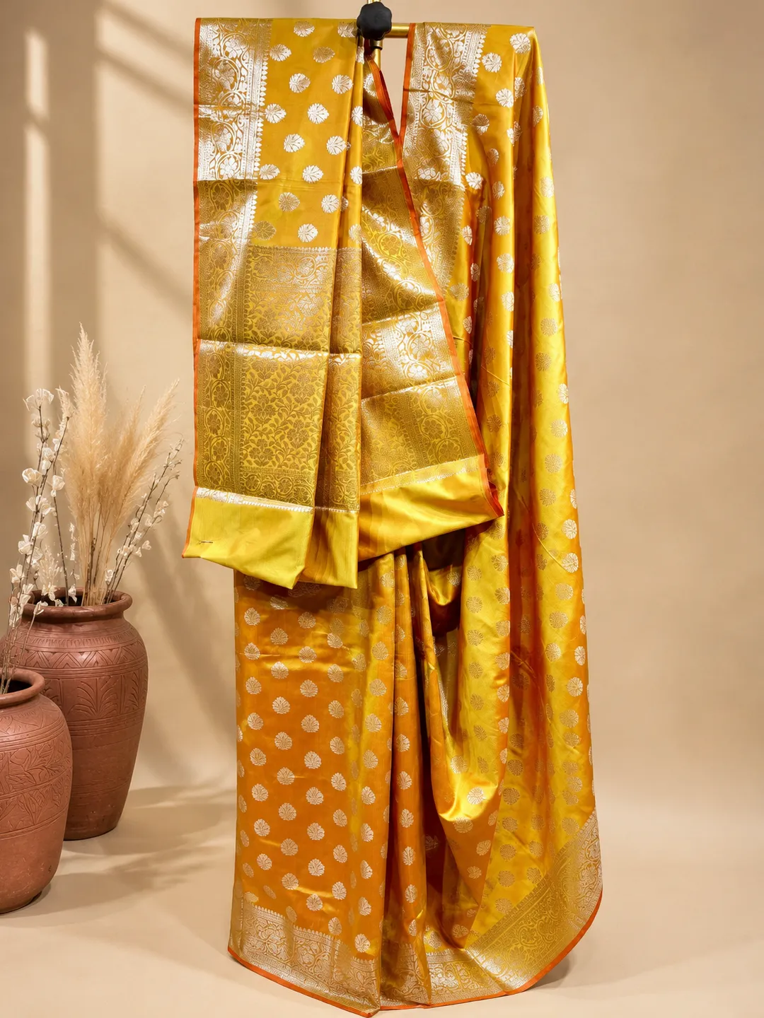 Yellow Banarasi Soft Silk Saree Mustard Yellow With Floral Buti Zari front view