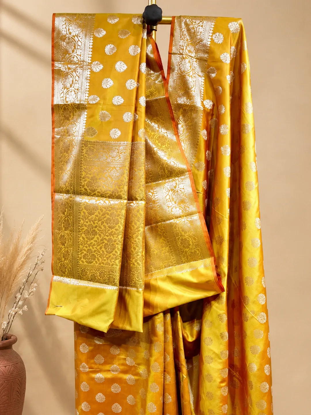 Yellow Banarasi Soft Silk Saree Mustard Yellow With Floral Buti Zari front view