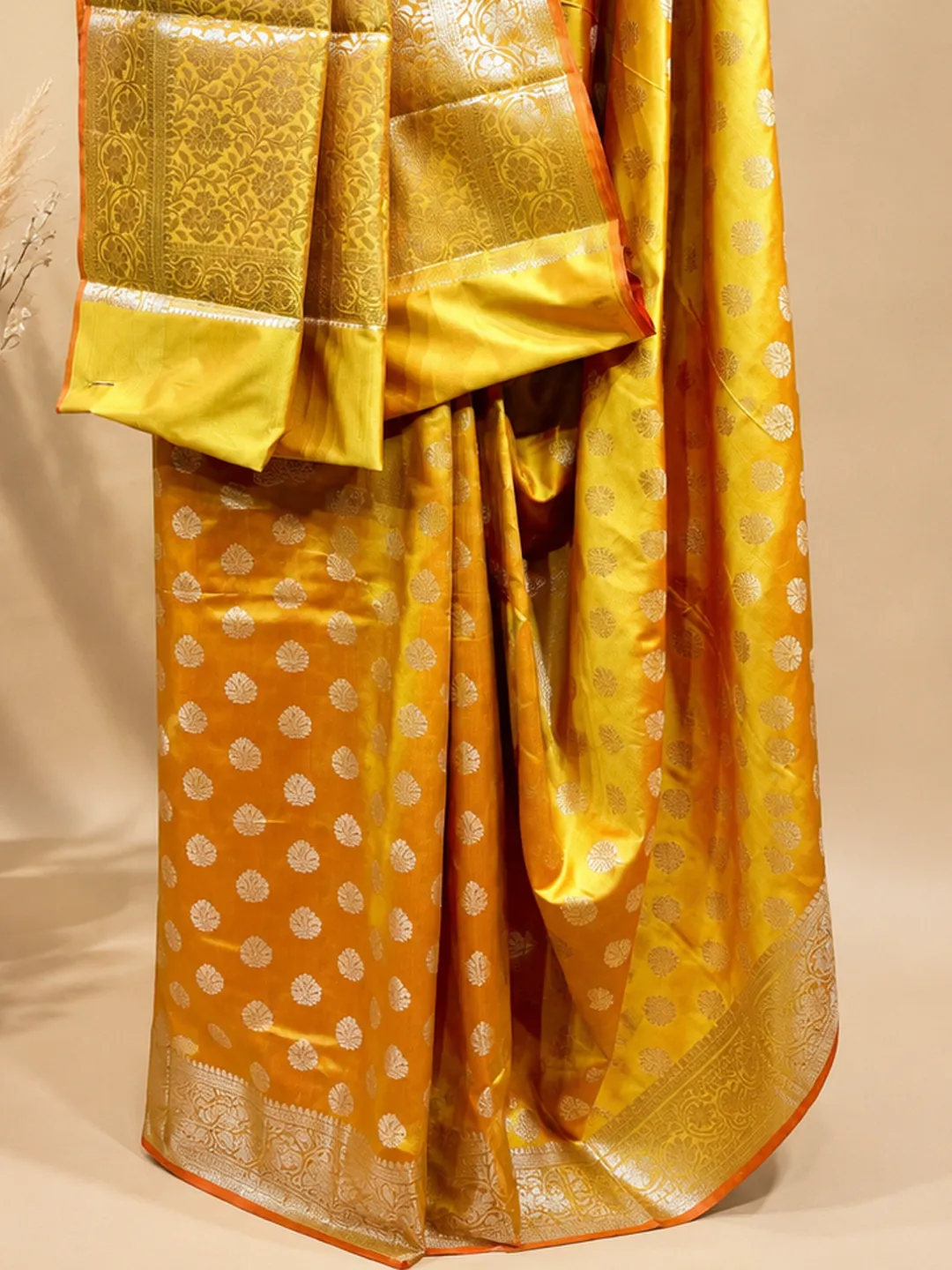 Yellow Banarasi Soft Silk Saree Mustard Yellow With Floral Buti Zari front view