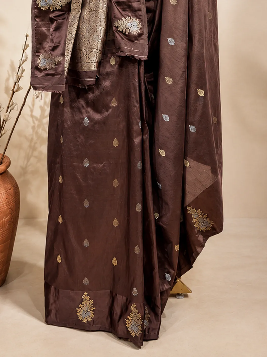 Brown Banarasi Soft Silk Saree Chocolate Brown With Floral Zari front view