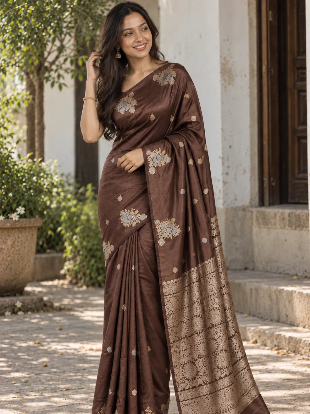 Brown Banarasi Soft Silk Saree  Chocolate Brown With Floral Zari