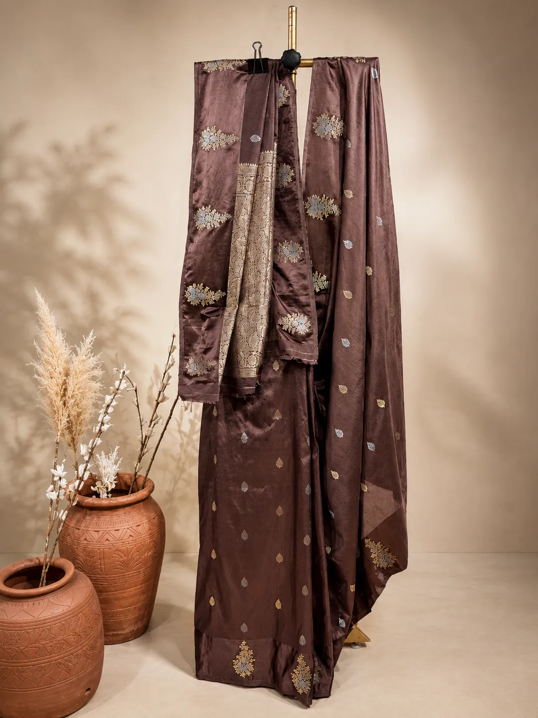Brown Banarasi Soft Silk Saree Chocolate Brown With Floral Zari front view