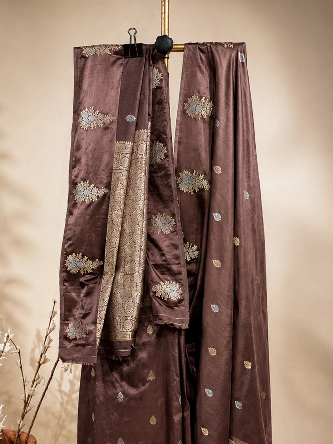 Brown Banarasi Soft Silk Saree Chocolate Brown With Floral Zari front view