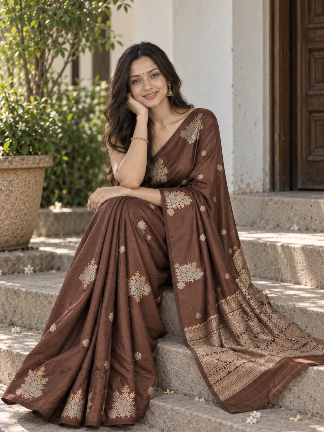 Brown Banarasi Soft Silk Saree Chocolate Brown With Floral Zari front view