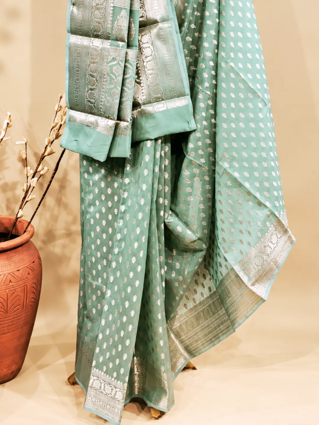 Blue Banarasi Soft Silk Saree Aqua Blue With Floral Zari front view