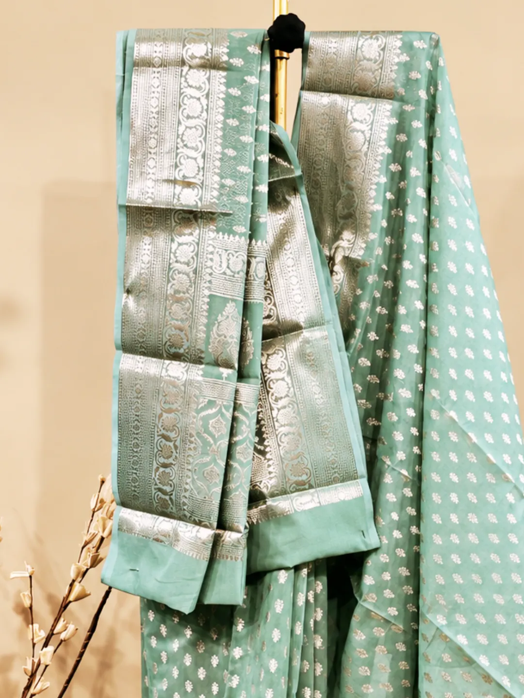 Blue Banarasi Soft Silk Saree Aqua Blue With Floral Zari front view