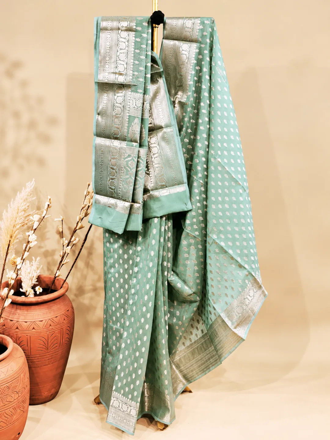 Blue Banarasi Soft Silk Saree  Aqua Blue With Floral Zari