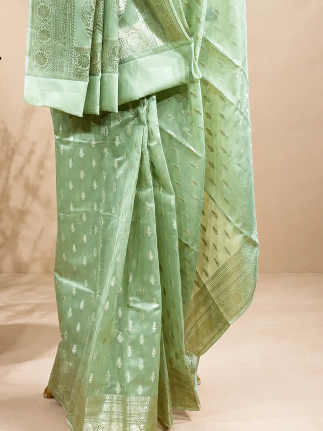  Green Banarasi Soft Silk Saree  Mint Green With Floral Buti Zari Front view