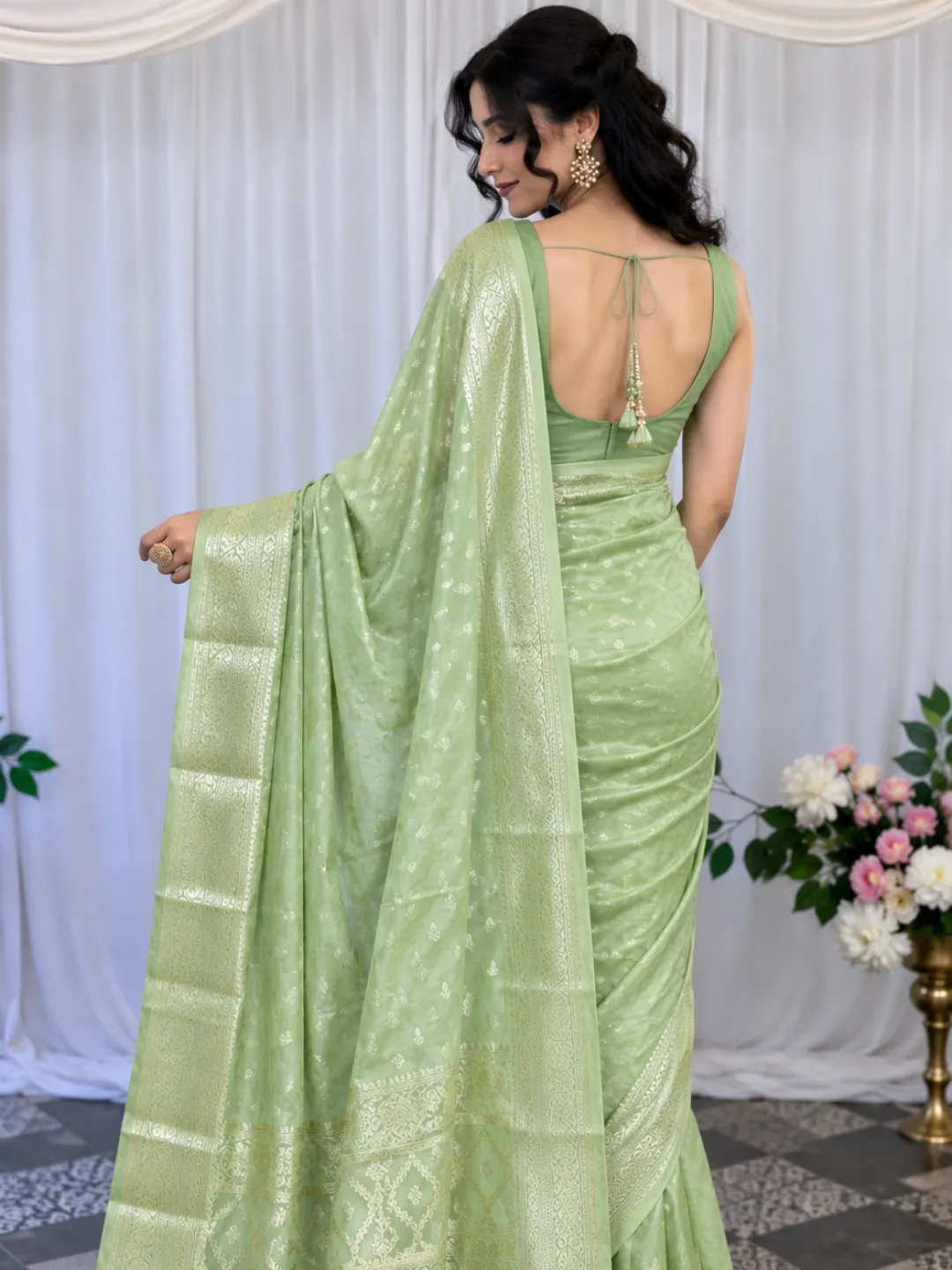  Green Banarasi Soft Silk Saree  Mint Green With Floral Buti Zari Front view
