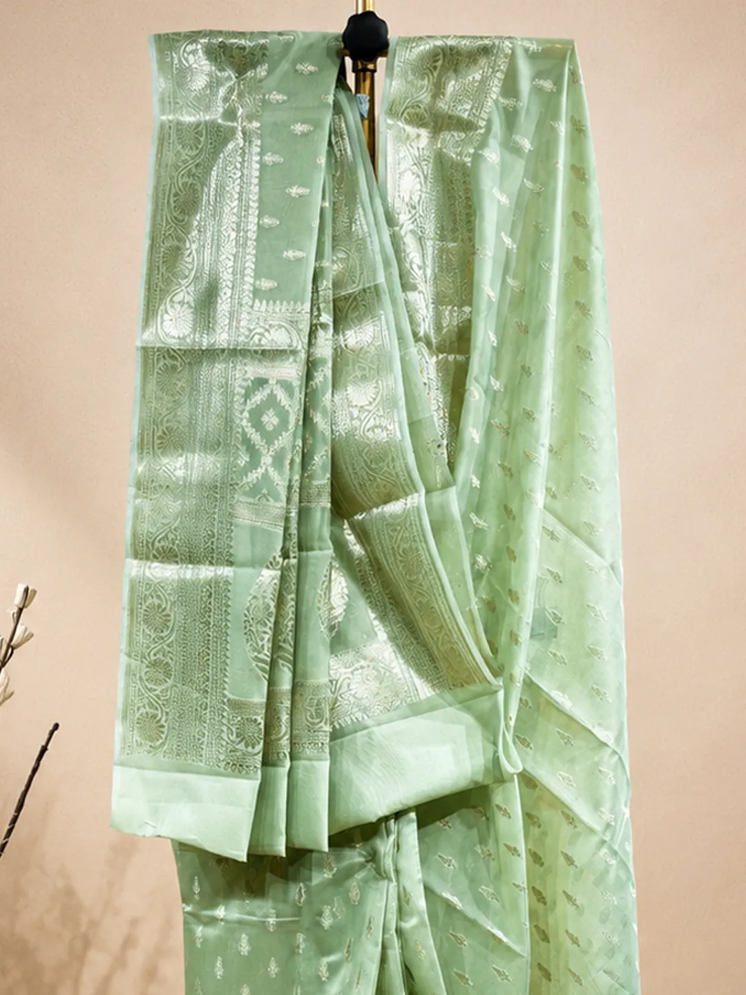  Green Banarasi Soft Silk Saree  Mint Green With Floral Buti Zari Front view